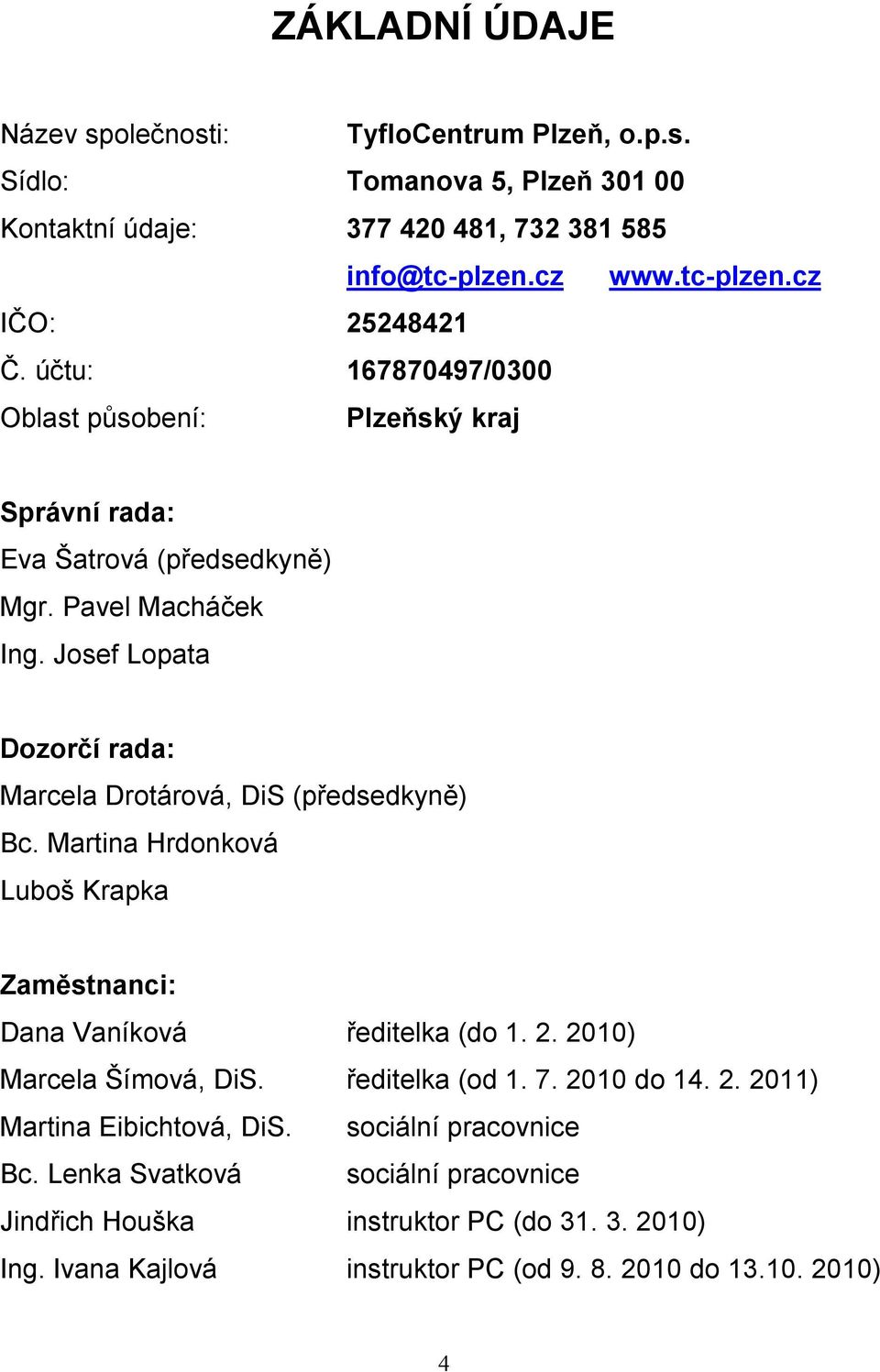 Josef Lopata Dozorčí rada: Marcela Drotárová, DiS (předsedkyně) Bc. Martina Hrdonková Luboš Krapka Zaměstnanci: Dana Vaníková ředitelka (do 1. 2. 2010) Marcela Šímová, DiS.