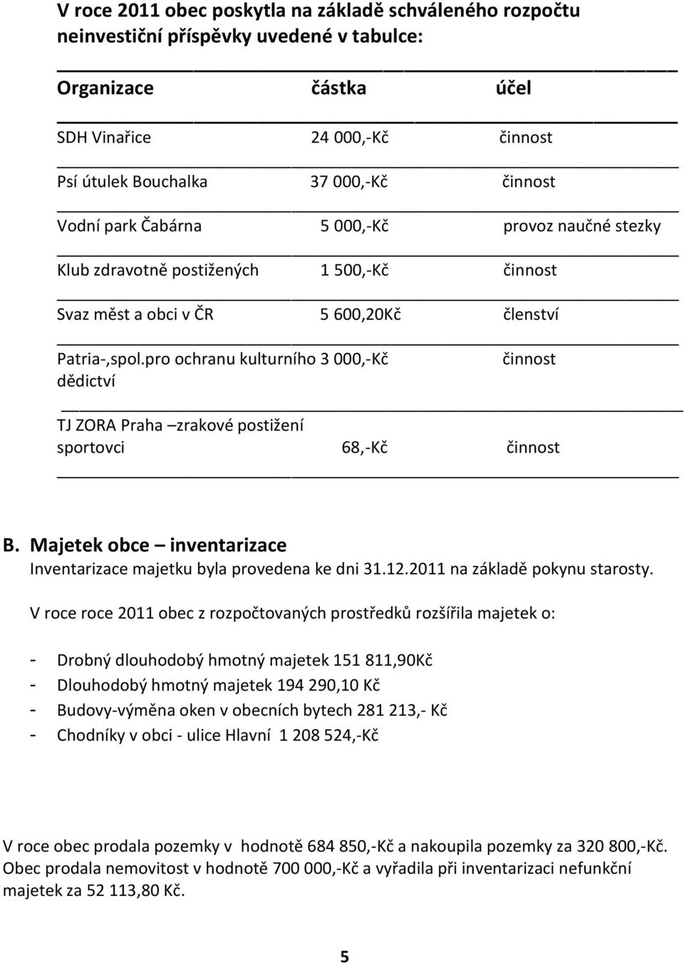 pro ochranu kulturního 3 000,-Kč činnost dědictví TJ ZORA Praha zrakové postižení sportovci 68,-Kč činnost B. Majetek obce inventarizace Inventarizace majetku byla provedena ke dni 31.12.