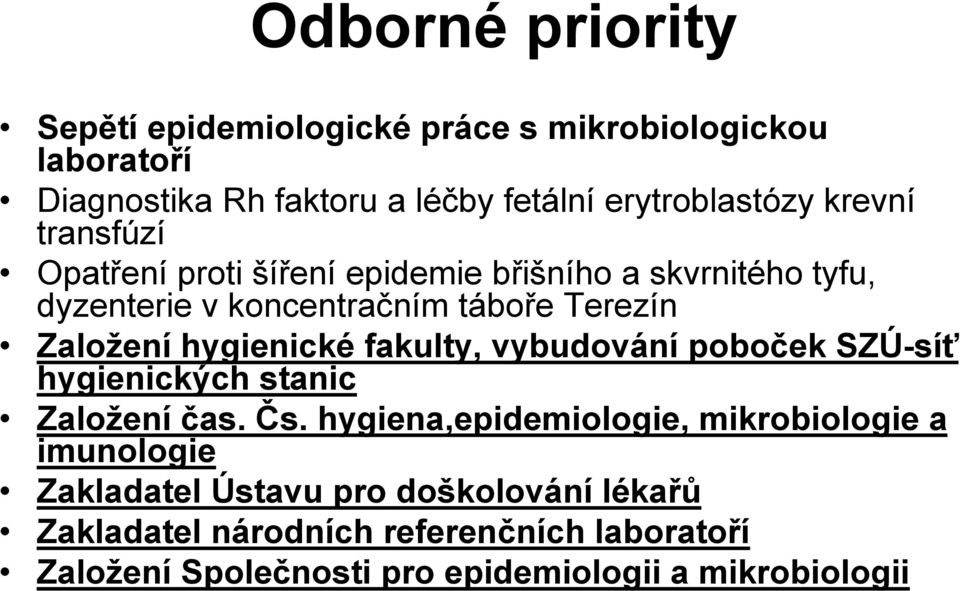 hygienické fakulty, vybudování poboček SZÚ-síť hygienických stanic Založení čas. Čs.