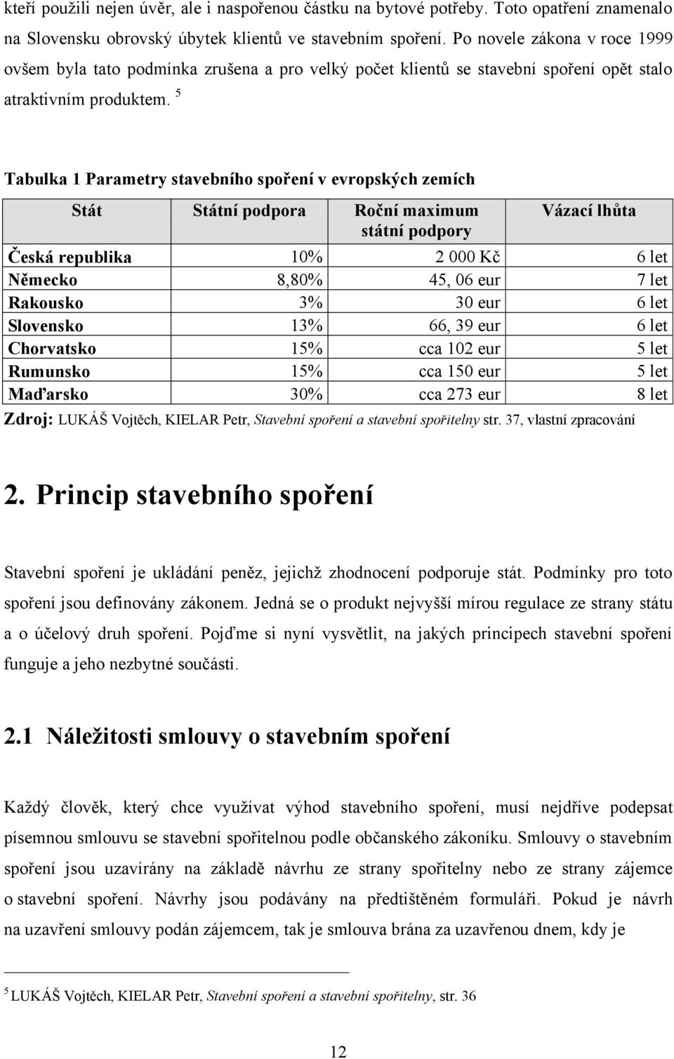 5 Tabulka 1 Parametry stavebního spoření v evropských zemích Stát Státní podpora Roční maximum státní podpory Vázací lhůta Česká republika 10% 2 000 Kč 6 let Německo 8,80% 45, 06 eur 7 let Rakousko