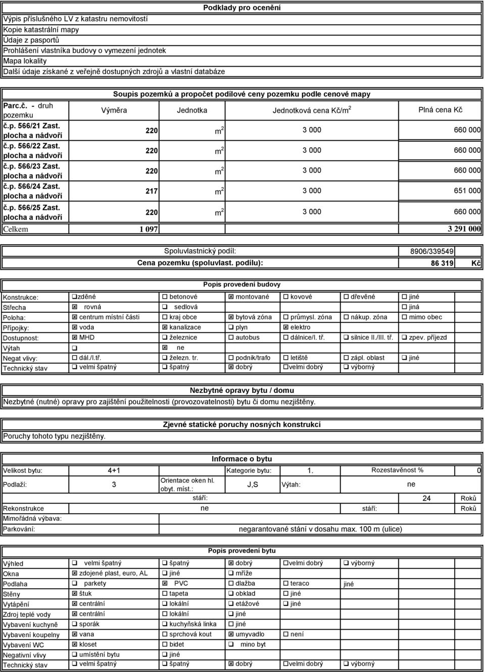 Výměra Celkem 1 097 Soupis pozemků a propočet podílové ceny pozemku podle cenové mapy Jednotka 220 m 2 220 m 2 220 m 2 217 m 2 220 m 2 Jednotková cena Kč/m 2 Plná cena Kč 3 000 660 000 3 000 660 000