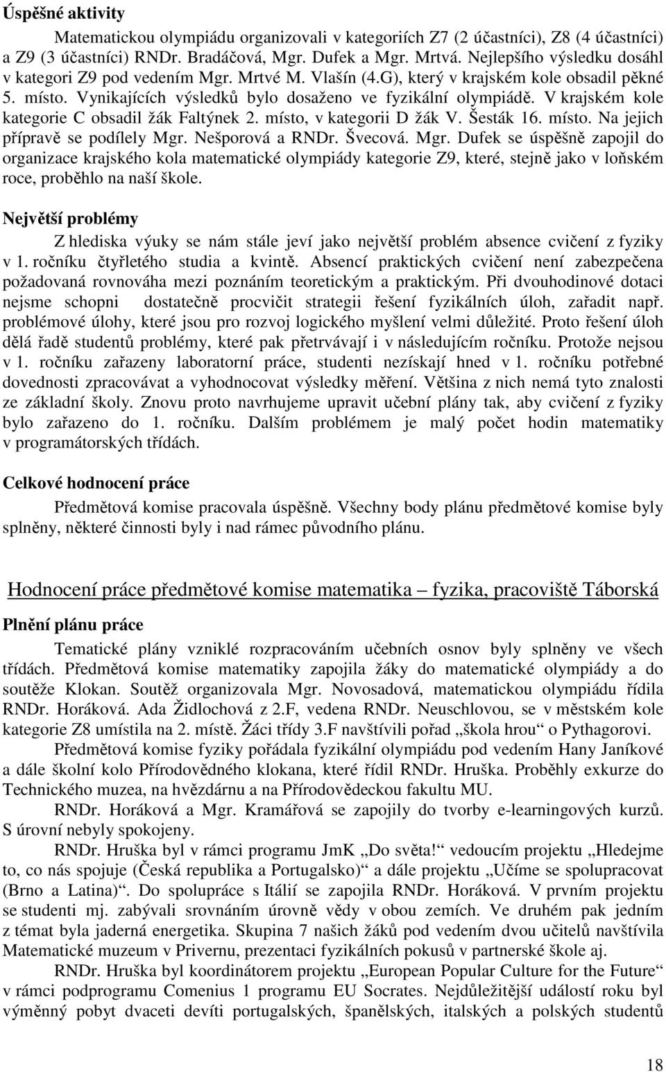 V krajském kole kategorie C obsadil žák Faltýnek 2. místo, v kategorii D žák V. Šesták 16. místo. Na jejich přípravě se podílely Mgr.