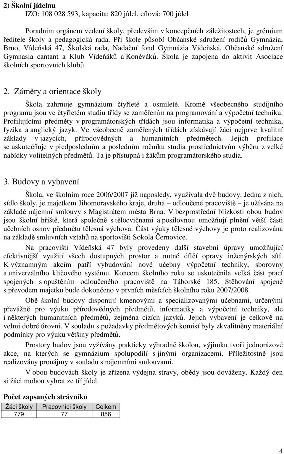 Škola je zapojena do aktivit Asociace školních sportovních klubů. 2. Záměry a orientace školy Škola zahrnuje gymnázium čtyřleté a osmileté.