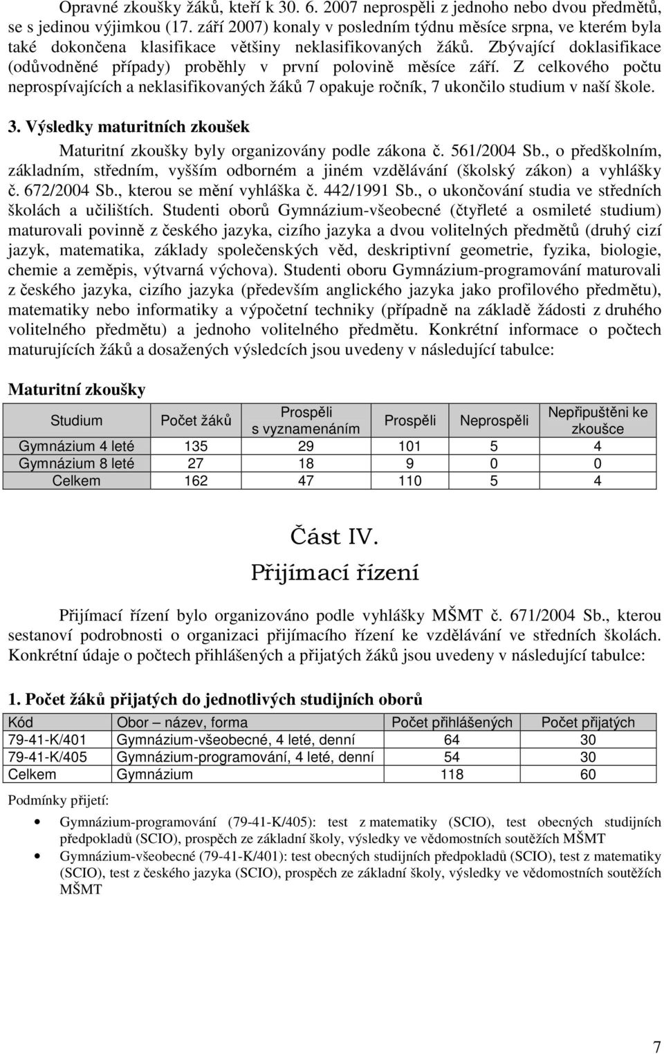 Zbývající doklasifikace (odůvodněné případy) proběhly v první polovině měsíce září. Z celkového počtu neprospívajících a neklasifikovaných žáků 7 opakuje ročník, 7 ukončilo studium v naší škole. 3.