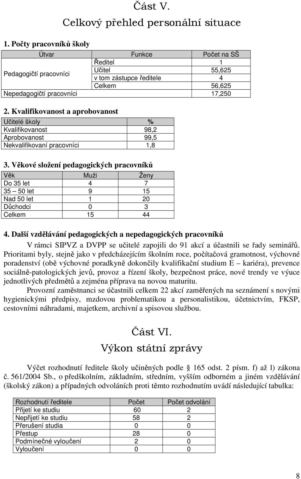 Kvalifikovanost a aprobovanost Učitelé školy % Kvalifikovanost 98,2 Aprobovanost 99,5 Nekvalifikovaní pracovníci 1,8 3.