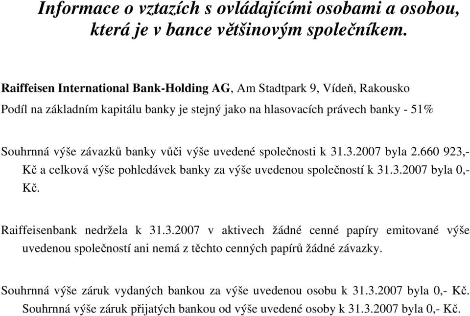 vůči výše uvedené společnosti k 31.3.2007 byla 2.660 923,- Kč a celková výše pohledávek banky za výše uvedenou společností k 31.3.2007 byla 0,- Kč. Raiffeisenbank nedržela k 31.3.2007 v aktivech žádné cenné papíry emitované výše uvedenou společností ani nemá z těchto cenných papírů žádné závazky.