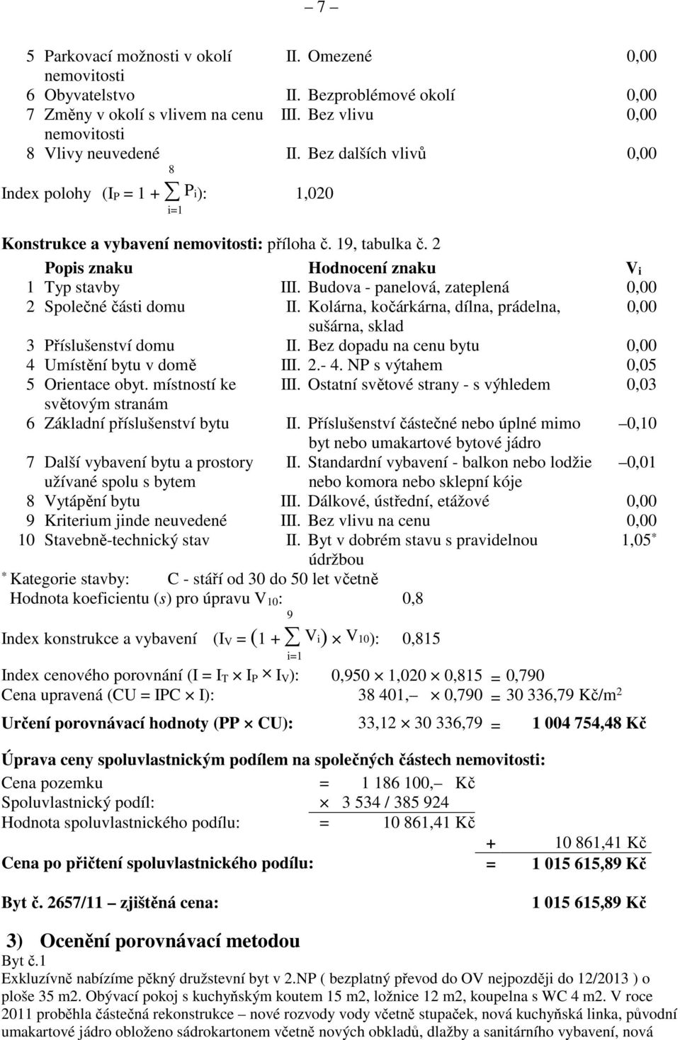 Budova - panelová, zateplená 0,00 2 Společné části domu II. Kolárna, kočárkárna, dílna, prádelna, 0,00 sušárna, sklad 3 Příslušenství domu II. Bez dopadu na cenu bytu 0,00 4 Umístění bytu v domě III.