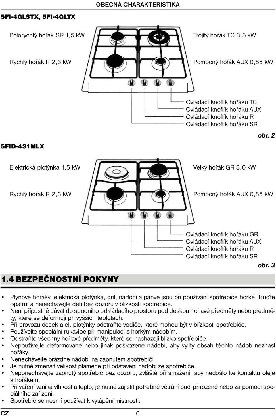 4 BEZPEČNOSTNÍ POKYNY Ovládací knoflík hořáku GR Ovládací knoflík hořáku AUX Ovládací knoflík hořáku R Ovládací knoflík hořáku SR obr.