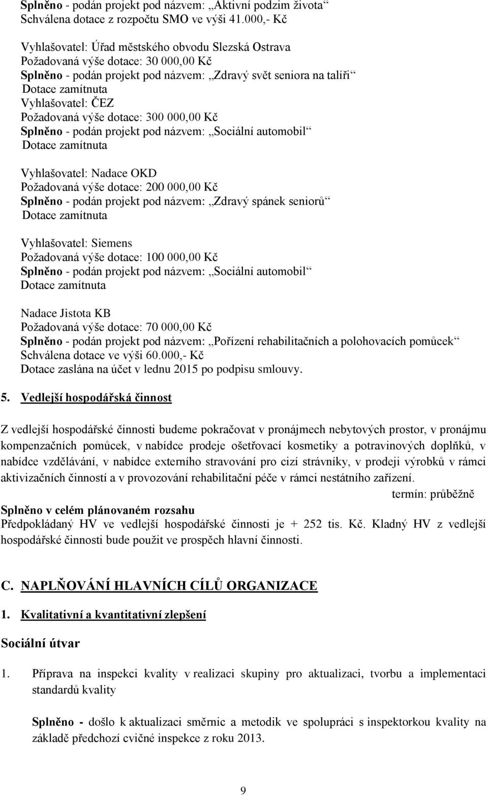 Požadovaná výše dotace: 300 000,00 Kč Splněno - podán projekt pod názvem: Sociální automobil Dotace zamítnuta Vyhlašovatel: Nadace OKD Požadovaná výše dotace: 200 000,00 Kč Splněno - podán projekt