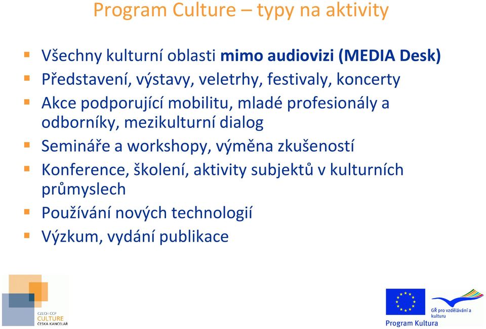 profesionály a odborníky, mezikulturní dialog Semináře a workshopy, výměna zkušeností