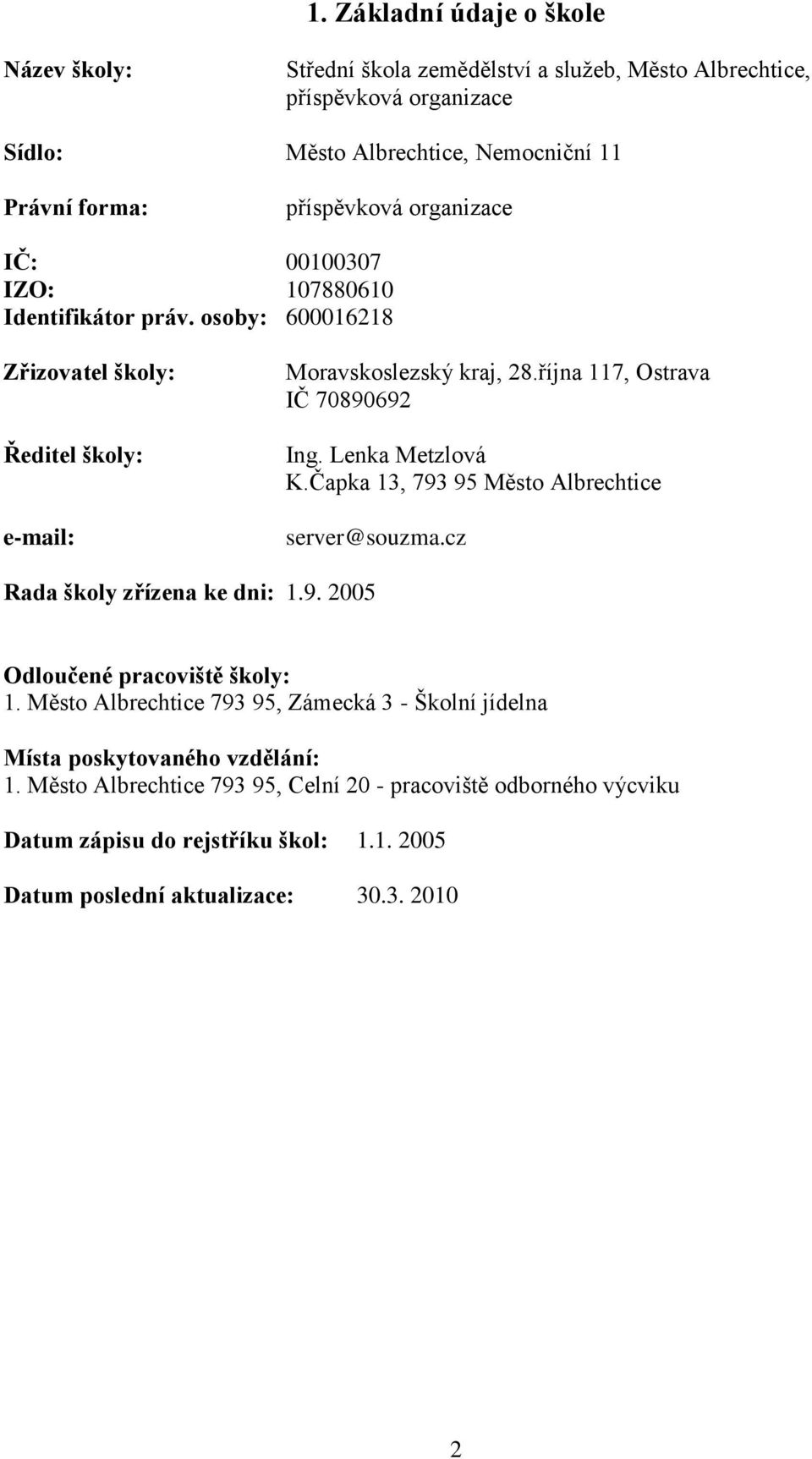 Lenka Metzlová K.Čapka 13, 793 95 Město Albrechtice server@souzma.cz Rada školy zřízena ke dni: 1.9. 2005 Odloučené pracoviště školy: 1.