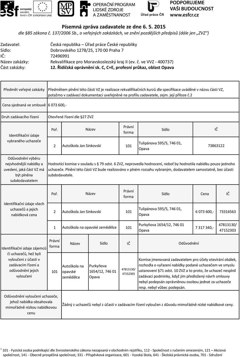 její 6 073 600,- 2 Autoškola Jan Sinkovski 101 Tulipánova 595/5, 746 01, Opava 73863122 a uvedení, jaká část VZ má být plněna Hodnotící komise v souladu s 79 odst.