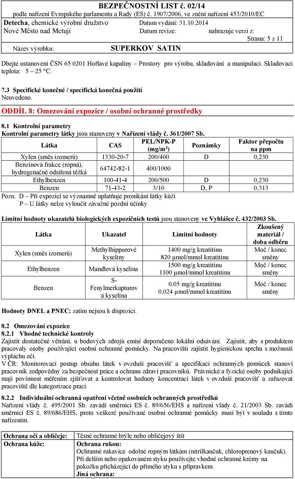 Látka CAS PEL/NPK-P Faktor přepočtu (mg/m 3 Poznámky ) na ppm Xylen (směs izomerů) 1330-20-7 200/400 D 0,230 Benzínová frakce (ropná), hydrogenačně odsířená těžká 64742-82-1 400/1000 Ethylbenzen