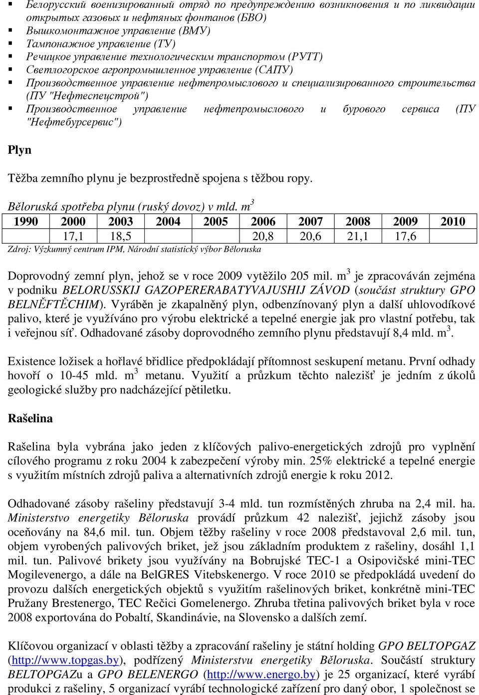 Производственное управление нефтепромыслового и бурового сервиса (ПУ "Нефтебурсервис") Plyn Těžba zemního plynu je bezprostředně spojena s těžbou ropy. Běloruská spotřeba plynu (ruský dovoz) v mld.