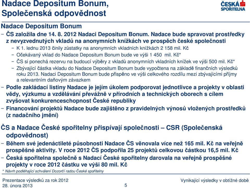 Kč Očekávaný vklad do Nadace Depositum Bonum bude ve výši 1 450 mil. Kč* ČS si ponechá rezervu na budoucí výběry z vkladů anonymních vkladních knížek ve výši 500 mil.