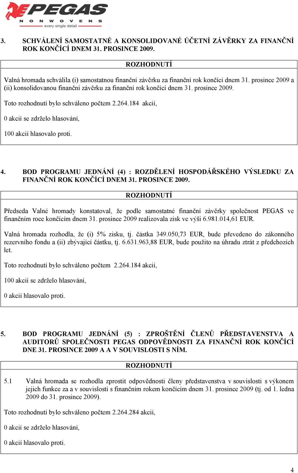 PROSINCE 2009. Předseda Valné hromady konstatoval, že podle samostatné finanční závěrky společnost PEGAS ve finančním roce končícím dnem 31. prosince 2009 realizovala zisk ve výši 6.981.014,61 EUR.