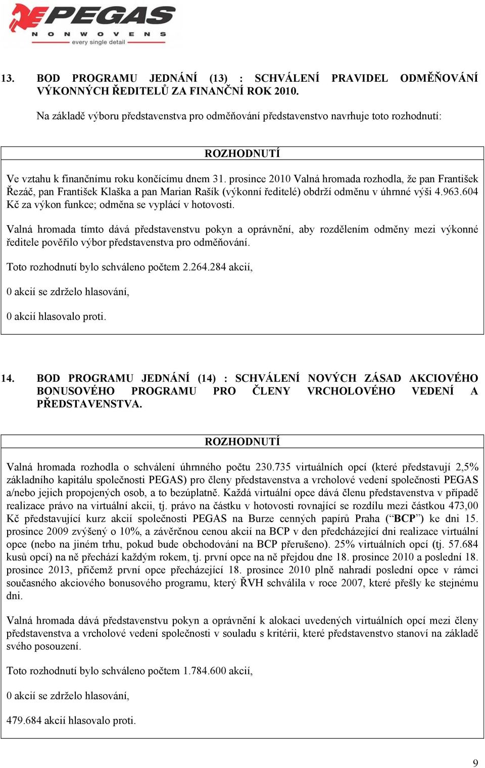 prosince 2010 Valná hromada rozhodla, že pan František Řezáč, pan František Klaška a pan Marian Rašík (výkonní ředitelé) obdrží odměnu v úhrnné výši 4.963.