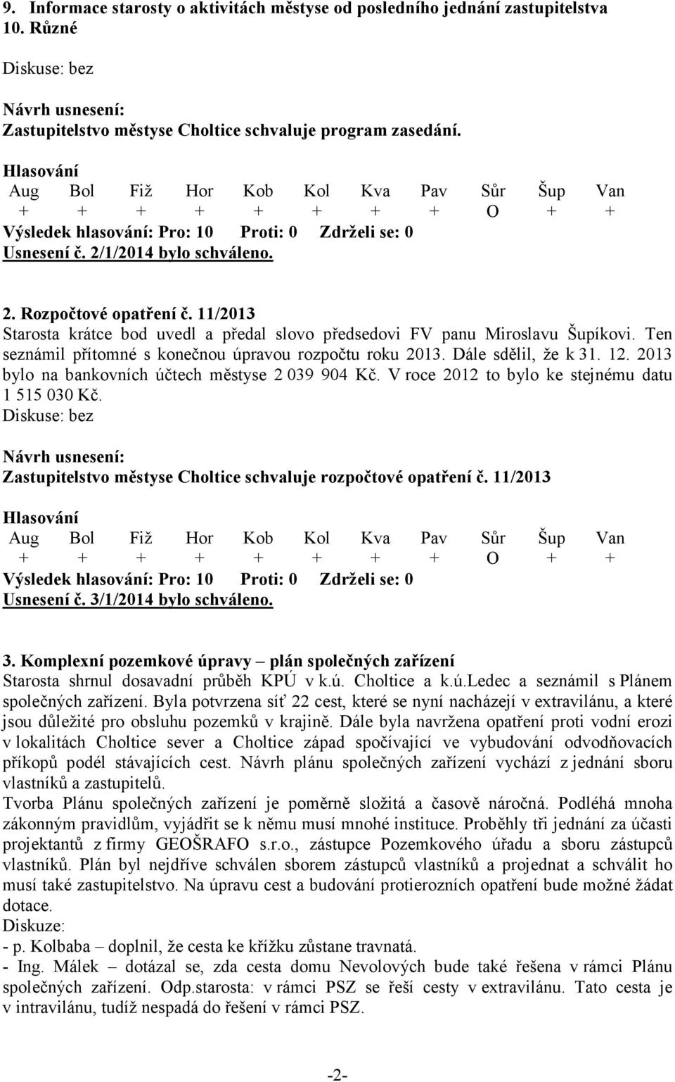 2013 bylo na bankovních účtech městyse 2 039 904 Kč. V roce 2012 to bylo ke stejnému datu 1 515 030 Kč. Diskuse: bez Zastupitelstvo městyse Choltice schvaluje rozpočtové opatření č.