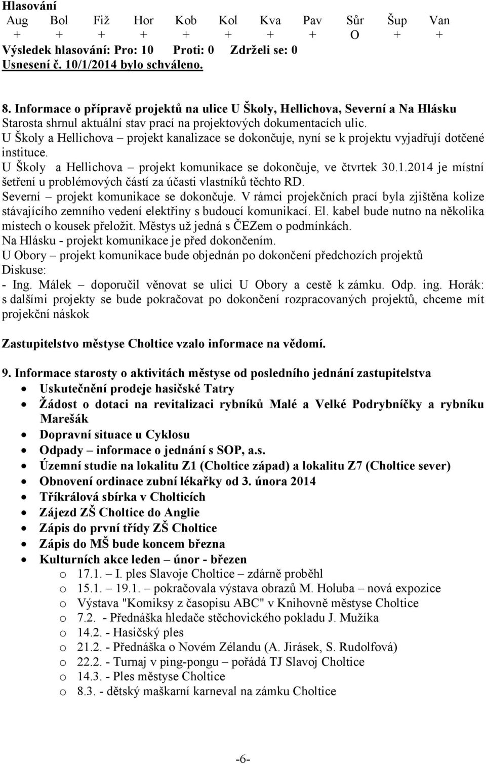 2014 je místní šetření u problémových částí za účasti vlastníků těchto RD. Severní projekt komunikace se dokončuje.