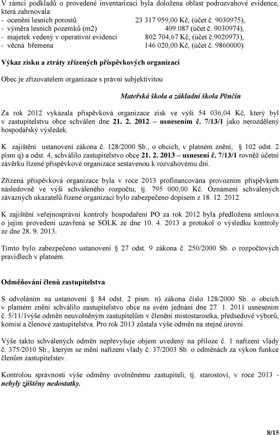 Výkaz zisku a ztráty zřízených příspěvkových organizací Obec je zřizovatelem organizace s právní subjektivitou Mateřská škola a základní škola Pěnčín Za rok 2012 vykázala příspěvková organizace zisk