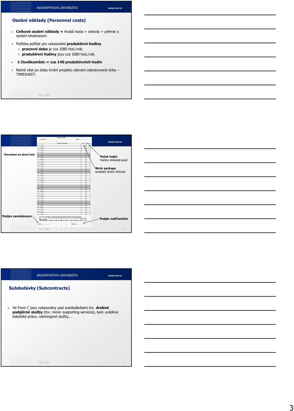 produktivní hodiny jsou cca 1680 hod./rok. 1 člověkoměsíc = cca 140 produktivních hodin Nutné vést po dobu trvání projektu záznam odpracované doby TIMESHEET. 25. 5.