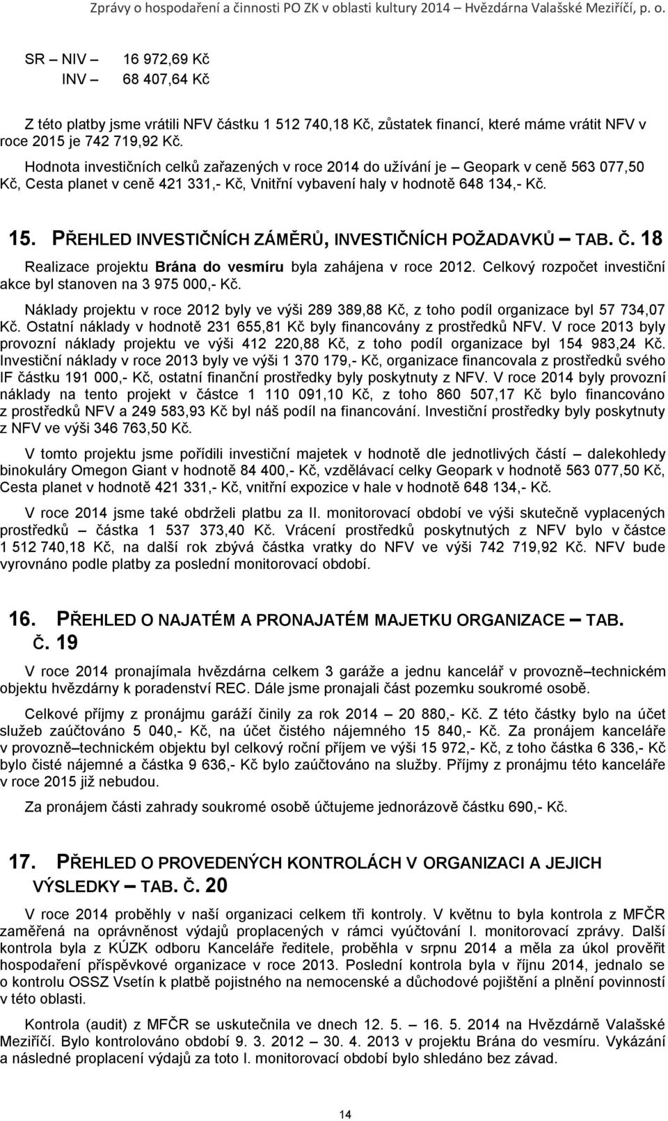 PŘEHLED INVESTIČNÍCH ZÁMĚRŮ, INVESTIČNÍCH POŢADAVKŮ TAB. Č. 18 Realizace projektu Brána do vesmíru byla zahájena v roce 2012. Celkový rozpočet investiční akce byl stanoven na 3 975 000,- Kč.