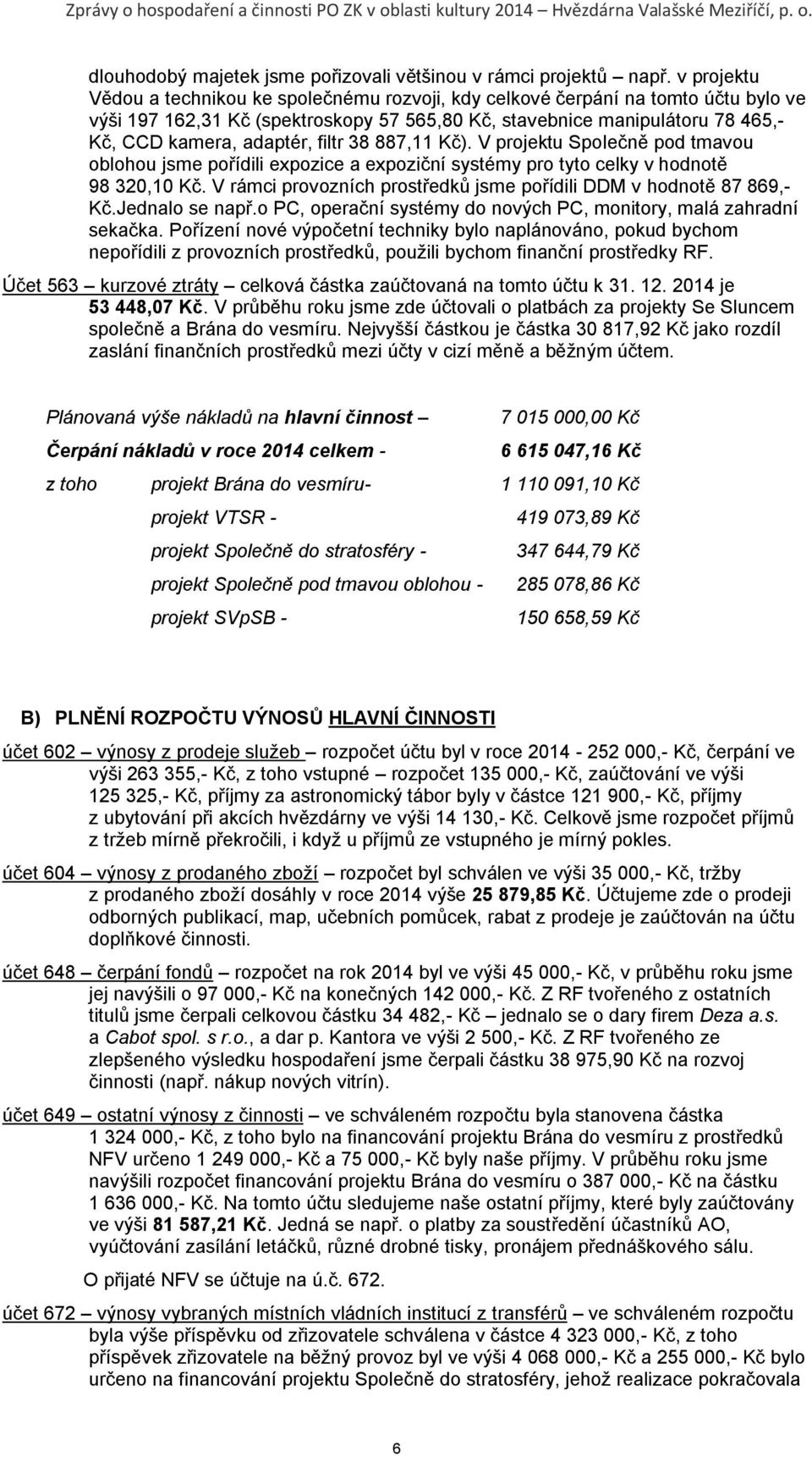 filtr 38 887,11 Kč). V projektu Společně pod tmavou oblohou jsme pořídili expozice a expoziční systémy pro tyto celky v hodnotě 98 320,10 Kč.