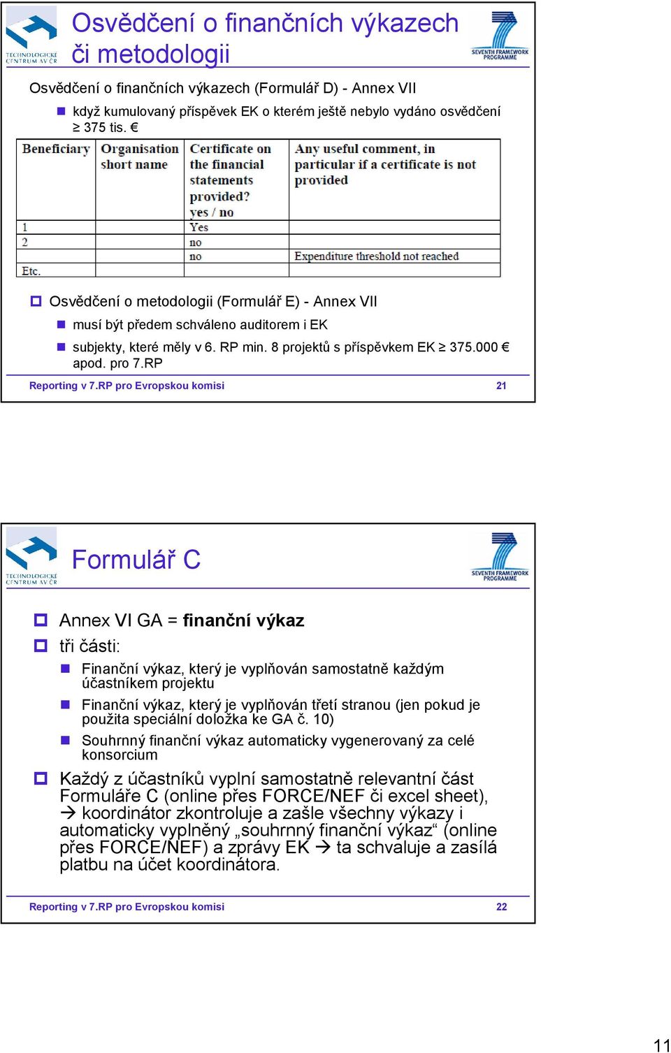 RP pro Evropskou komisi 21 Formulář C Annex VI GA = finanční výkaz tři části: Finanční výkaz, který je vyplňován samostatně každým účastníkem projektu Finanční výkaz, který je vyplňován třetí stranou