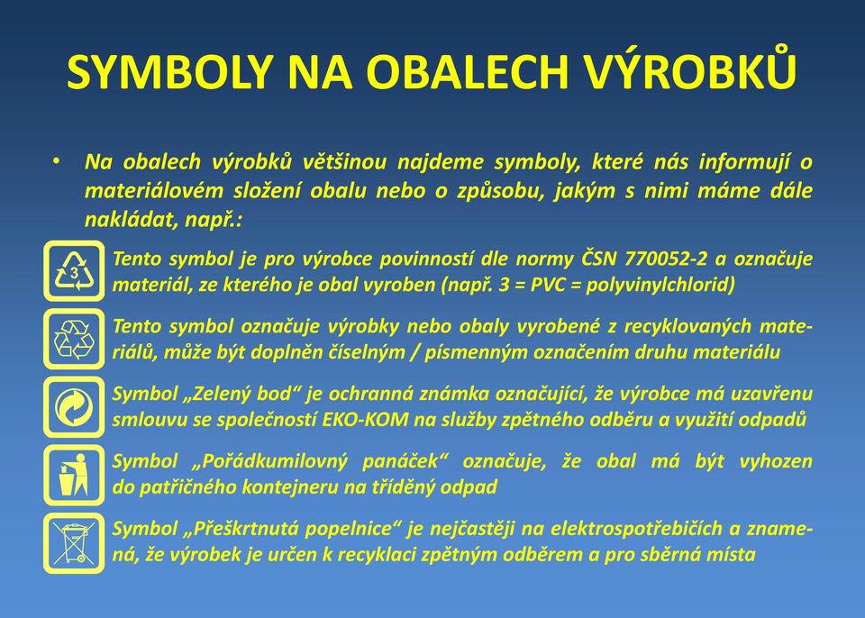 3 = PVC = polyvinylchlorid) Tento symbol označuje výrobky nebo obaly vyrobené z recyklovaných materiálů,může být doplněn číselným / písmenným označením druhu materiálu Symbol Zelený bod je ochranná