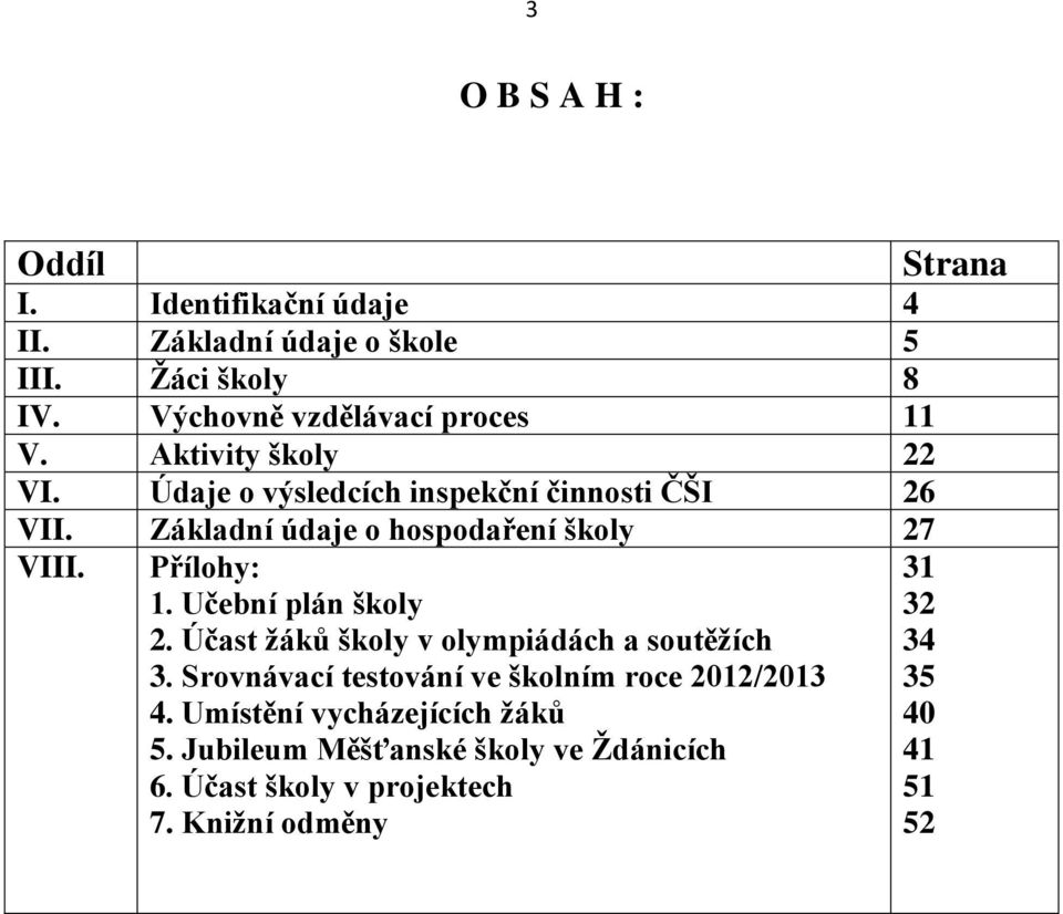 Základní údaje o hospodaření školy 27 VIII. Přílohy: 1. Učební plán školy 2. Účast ţáků školy v olympiádách a soutěţích 3.