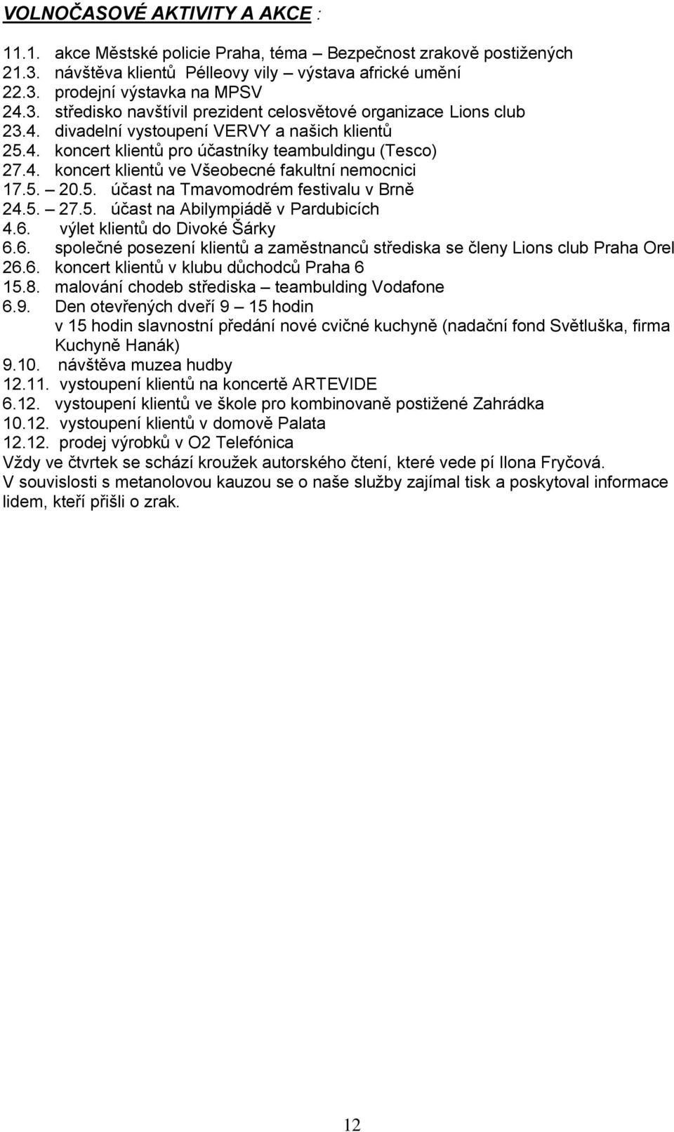 5. 27.5. účast na Abilympiádě v Pardubicích 4.6. výlet klientů do Divoké Šárky 6.6. společné posezení klientů a zaměstnanců střediska se členy Lions club Praha Orel 26.6. koncert klientů v klubu důchodců Praha 6 15.