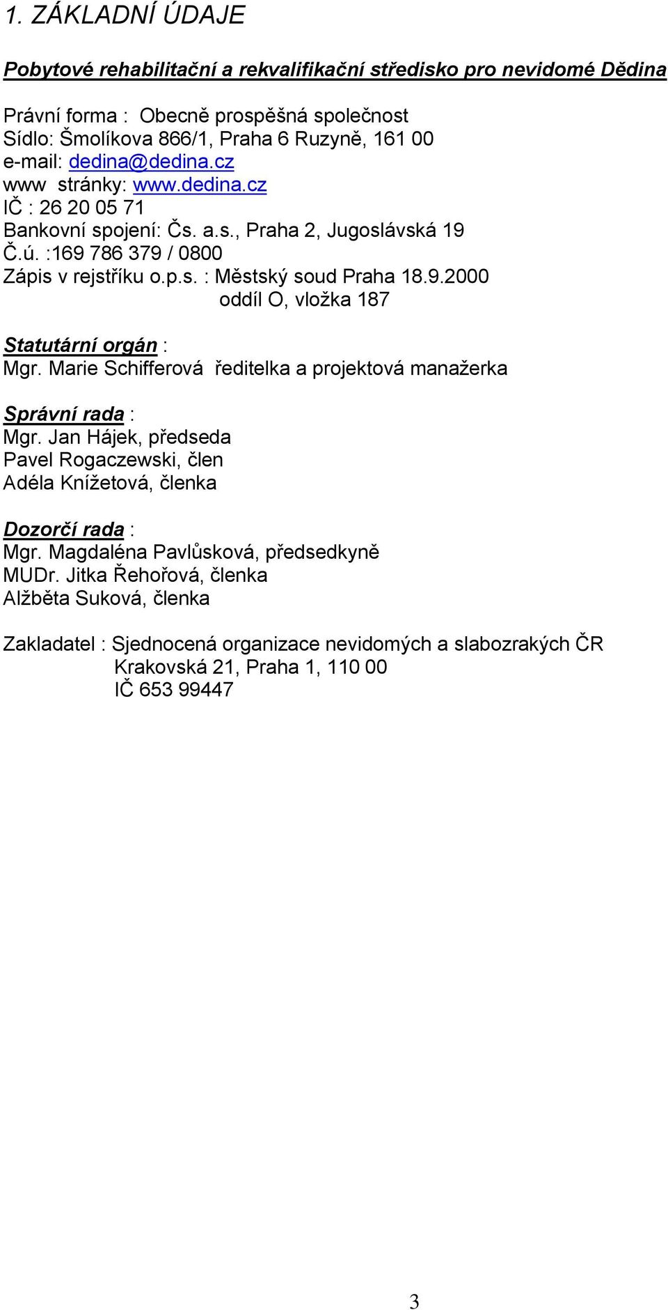 Marie Schifferová ředitelka a projektová manažerka Správní rada : Mgr. Jan Hájek, předseda Pavel Rogaczewski, člen Adéla Knížetová, členka Dozorčí rada : Mgr.