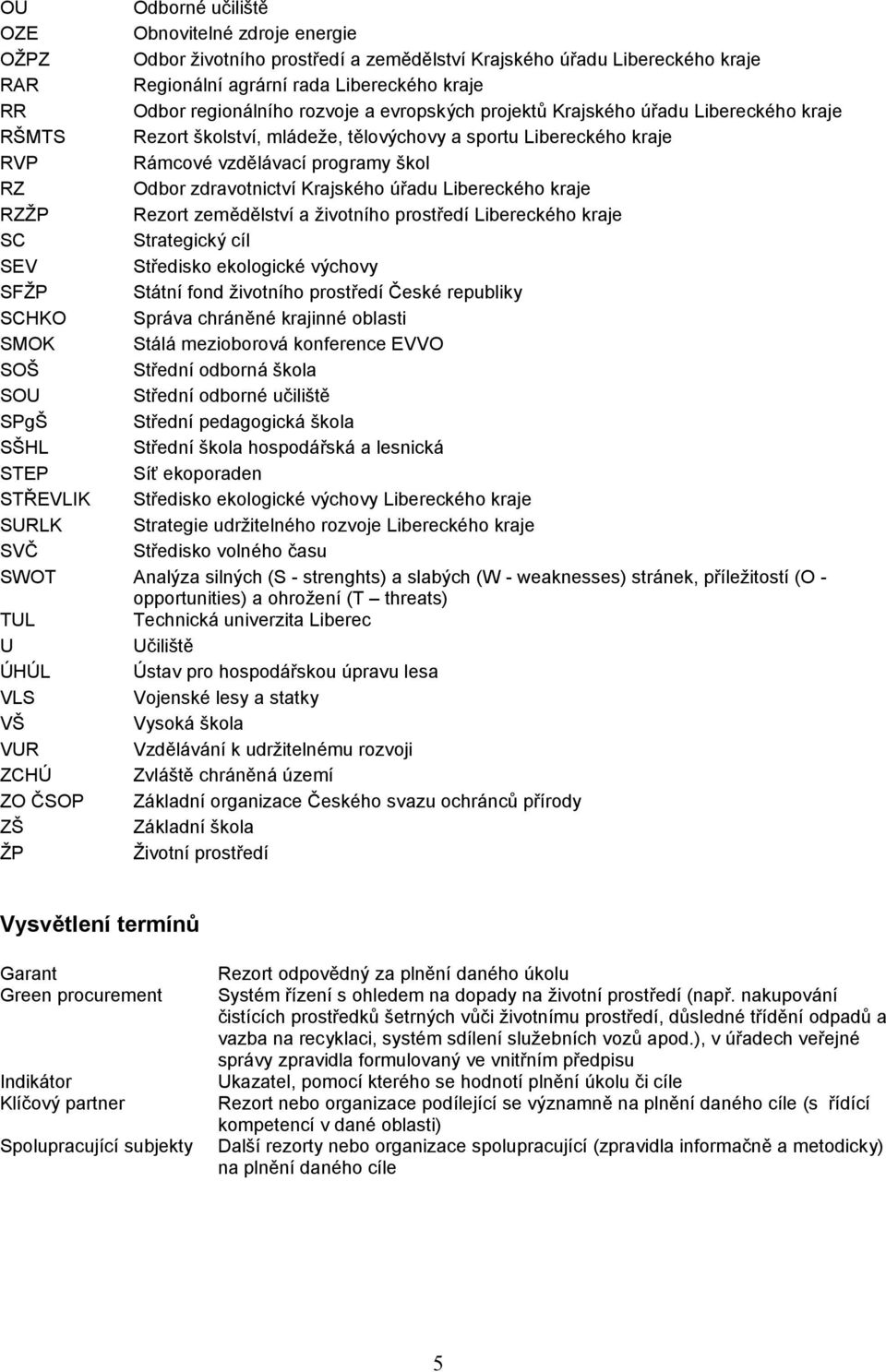 Krajského úřadu Libereckého kraje RZŽP Rezort zemědělství a životního prostředí Libereckého kraje SC Strategický cíl SEV Středisko ekologické výchovy SFŽP Státní fond životního prostředí České