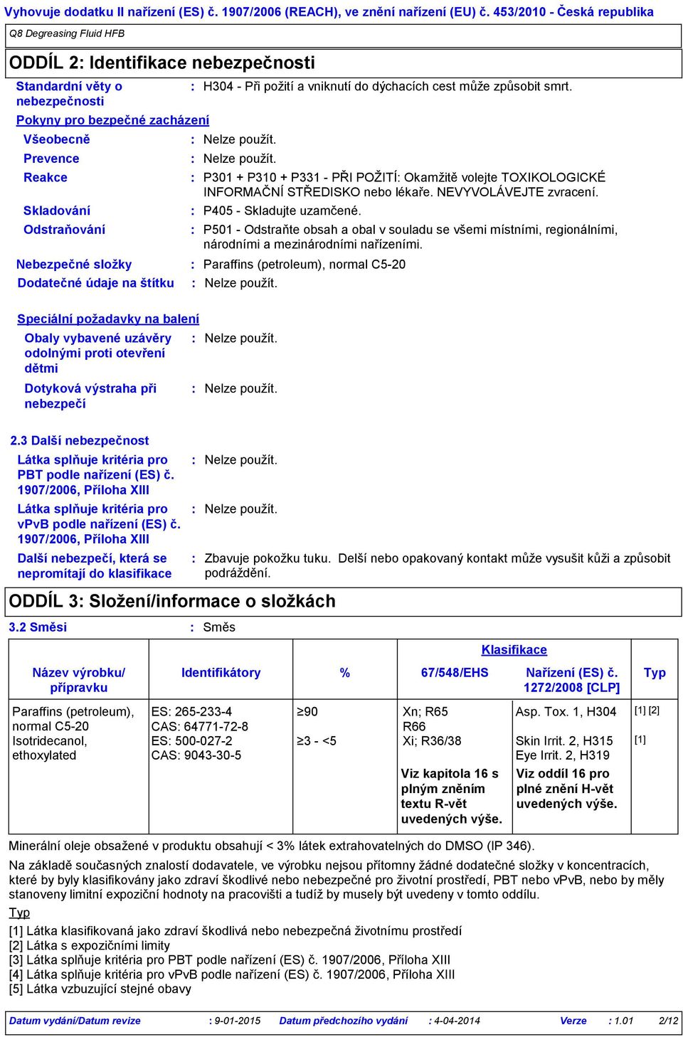 H304 Při požití a vniknutí do dýchacích cest může způsobit smrt. Nelze použít. Nelze použít. P301 + P310 + P331 PŘI POŽITÍ Okamžitě volejte TOXIKOLOGICKÉ INFORMAČNÍ STŘEDISKO nebo lékaře.