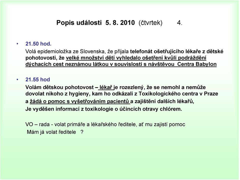 dýchacích cest neznámou látkou v souvislosti s návštěvou Centra Babylon 21.