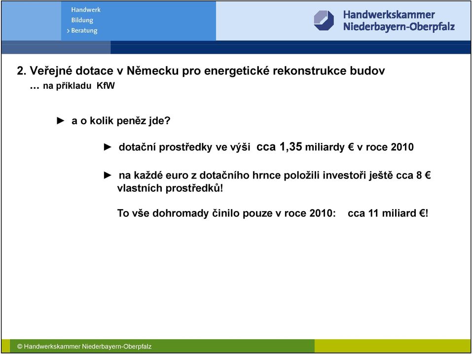 dotační prostředky ve výši cca 1,35 miliardy v roce 2010 na každé euro z dotačního