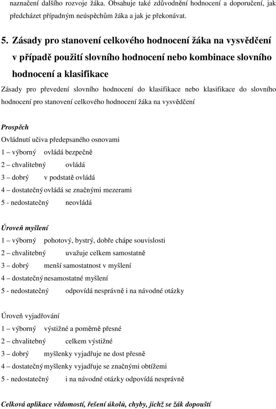 nebo klasifikace do slovního hodnocení pro stanovení celkového hodnocení žáka na vysvědčení Prospěch Ovládnutí učiva předepsaného osnovami 1 výborný ovládá bezpečně 2 chvalitebný ovládá 3 dobrý v