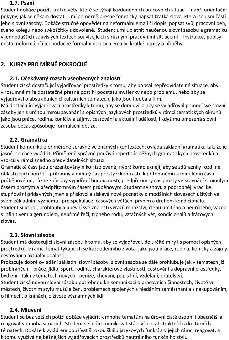 Dokáže stručně opovědět na neformální email či dopis, popsat svůj pracovní den, svého kolegu nebo své zážitky z dovolené.