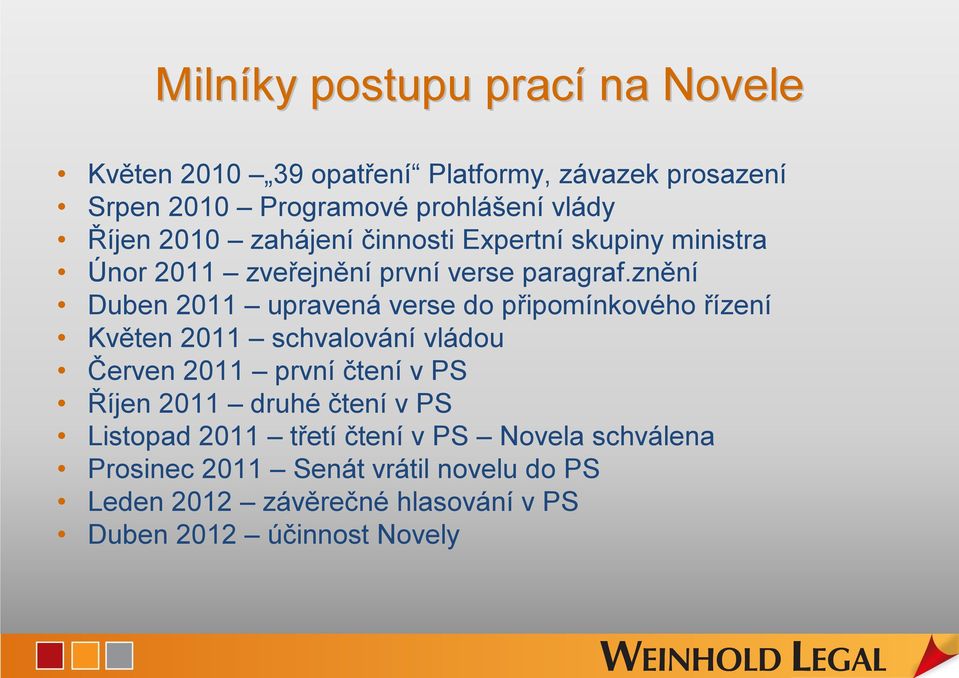 znění Duben 2011 upravená verse do připomínkového řízení Květen 2011 schvalování vládou Červen 2011 první čtení v PS Říjen 2011