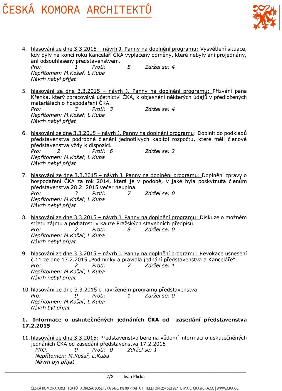 hlasování ze dne 3.3.2015 návrh J. Panny na doplnění programu: Přizvání pana Křenka, který zpracovává účetnictví ČKA, k objasněni některých údajů v předložených materiálech o hospodaření ČKA.