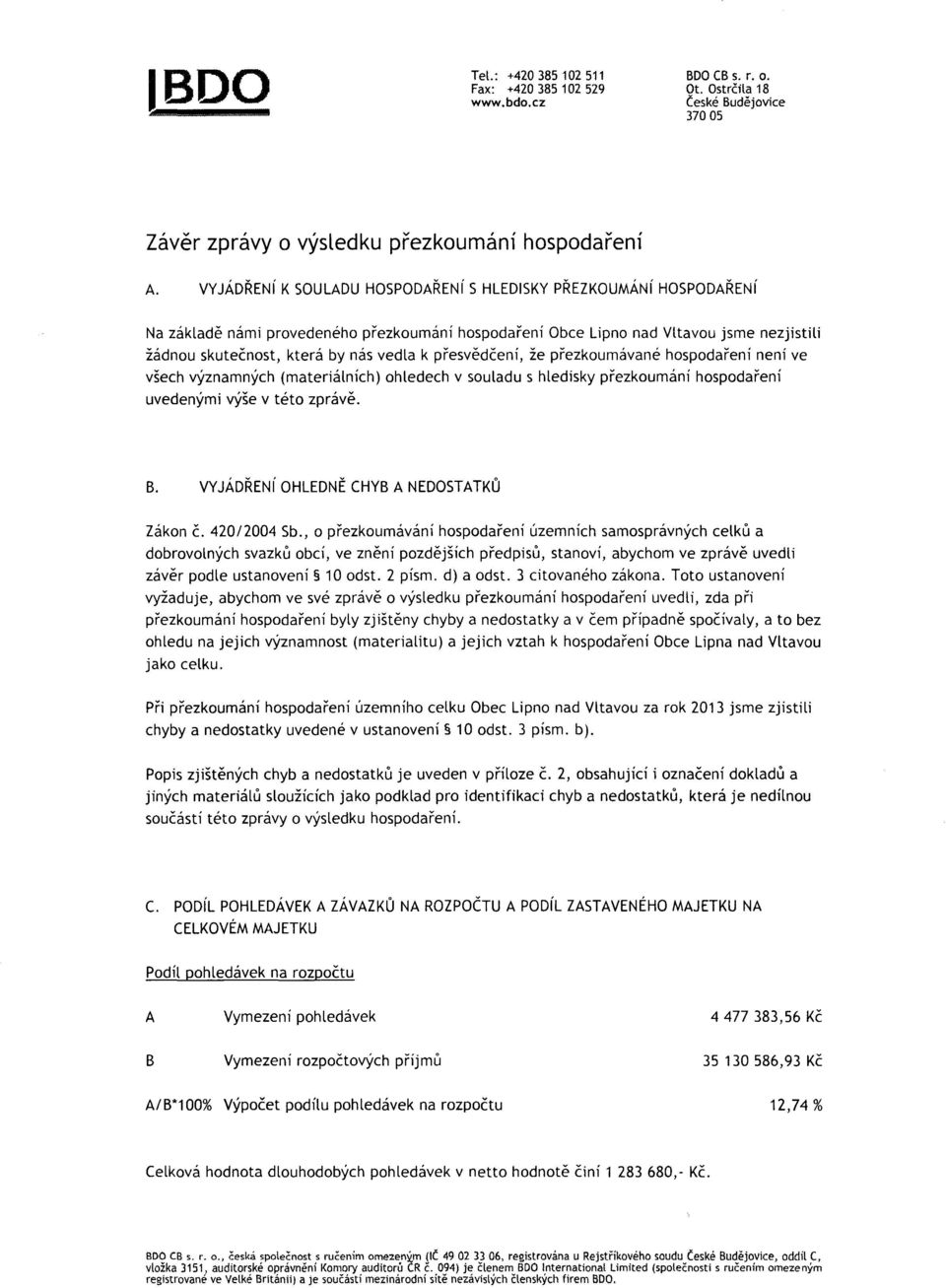 přesvědčení, že přezkoumávané hospodaření není ve všech významných (materiálních) ohledech v souladu s hledisky přezkoumání hospodaření uvedenými výše v této zprávě. B.