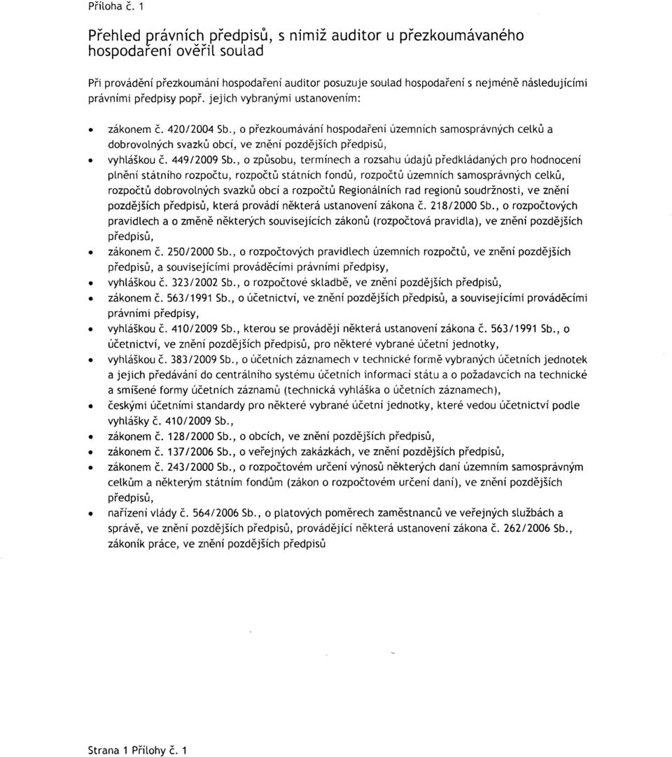 předpisy popř. jejich vybranými ustanovením: zákonem č. 42012004 Sb., o přezkoumávání hospodaření územních samosprávných celků a dobrovolných svazků obcí, ve znění pozdějších předpisů, vyhláškou č.