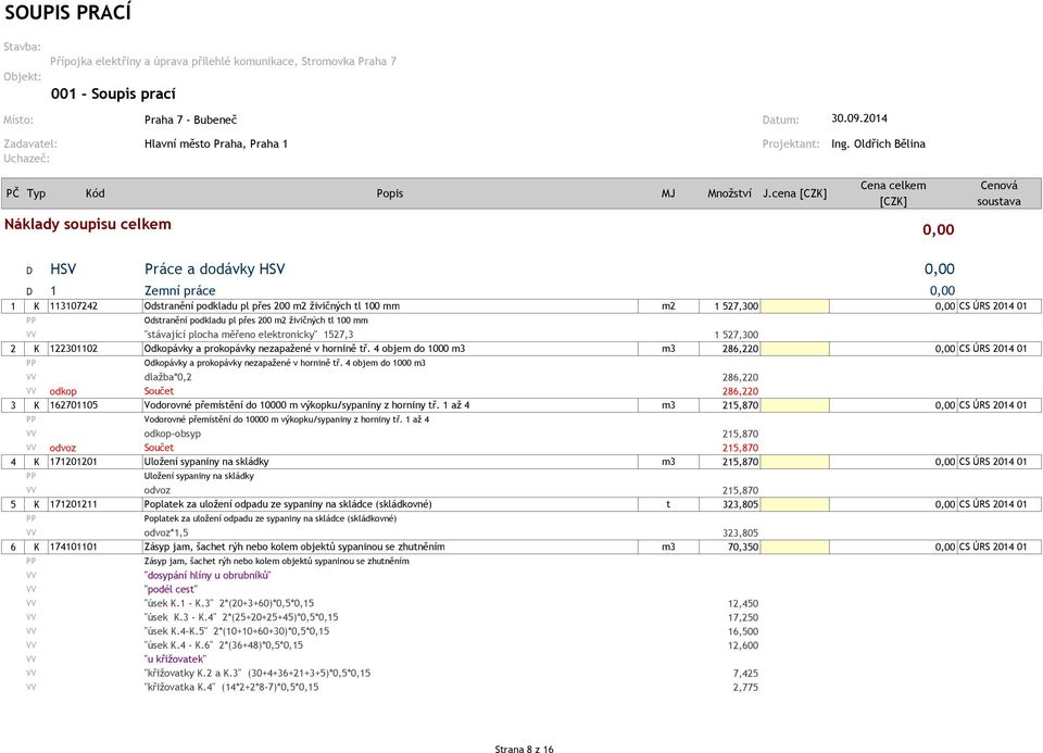 cena [CZK] Cena celkem [CZK] Cenová soustava Náklady soupisu celkem 0,00 D HSV Práce a dodávky HSV 0,00 D 1 Zemní práce 0,00 1 K 113107242 Odstranění podkladu pl přes 200 m2 živičných tl 100 mm m2 1
