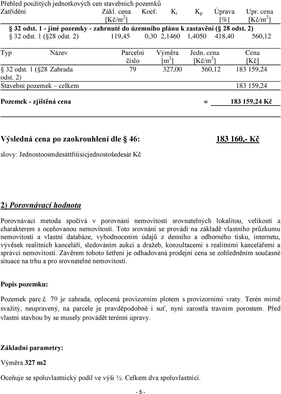 cena [Kč/m 2 ] Cena [Kč] 32 odst. 1 ( 28 Zahrada 79 327,00 560,12 183 159,24 odst.