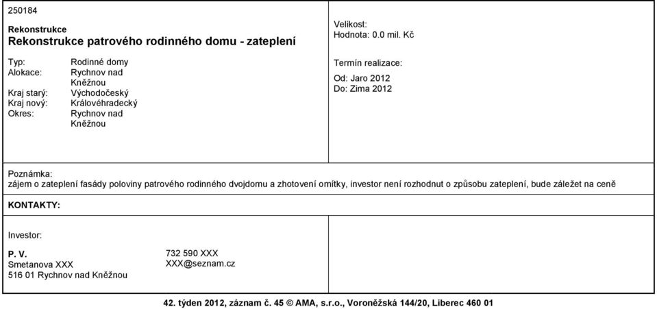 rodinného dvojdomu a zhotovení omítky, investor není rozhodnut o způsobu zateplení, bude záležet na ceně P. V.