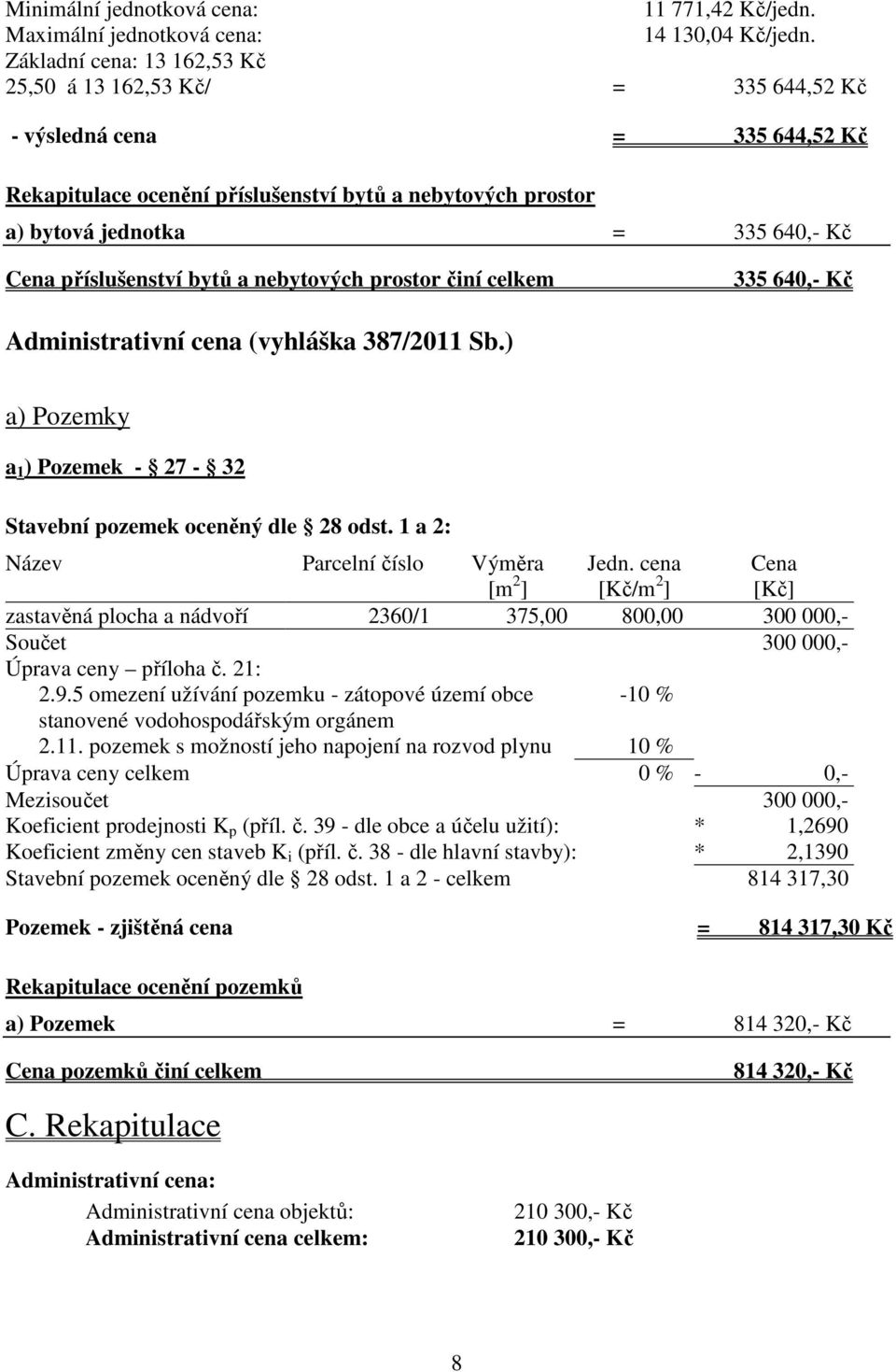 příslušenství bytů a nebytových prostor činí celkem 335 640,- Kč Administrativní cena (vyhláška 387/2011 Sb.) a) Pozemky a 1 ) Pozemek - 27-32 Stavební pozemek oceněný dle 28 odst.