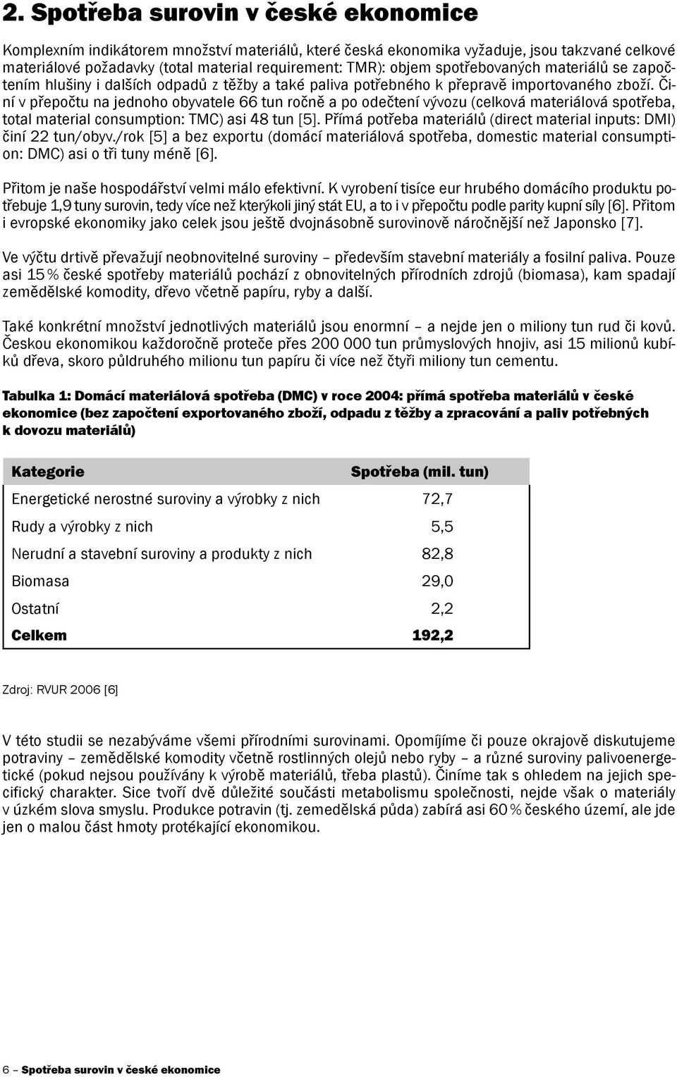 Činí v přepočtu na jednoho obyvatele 66 tun ročně a po odečtení vývozu (celková materiálová spotřeba, total material consumption: TMC) asi 48 tun [5].