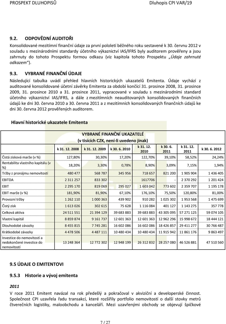 odkazem ). 9.3. VYBRANÉ FINANČNÍ ÚDAJE Následující tabulka uvádí přehled hlavních historických ukazatelů Emitenta.