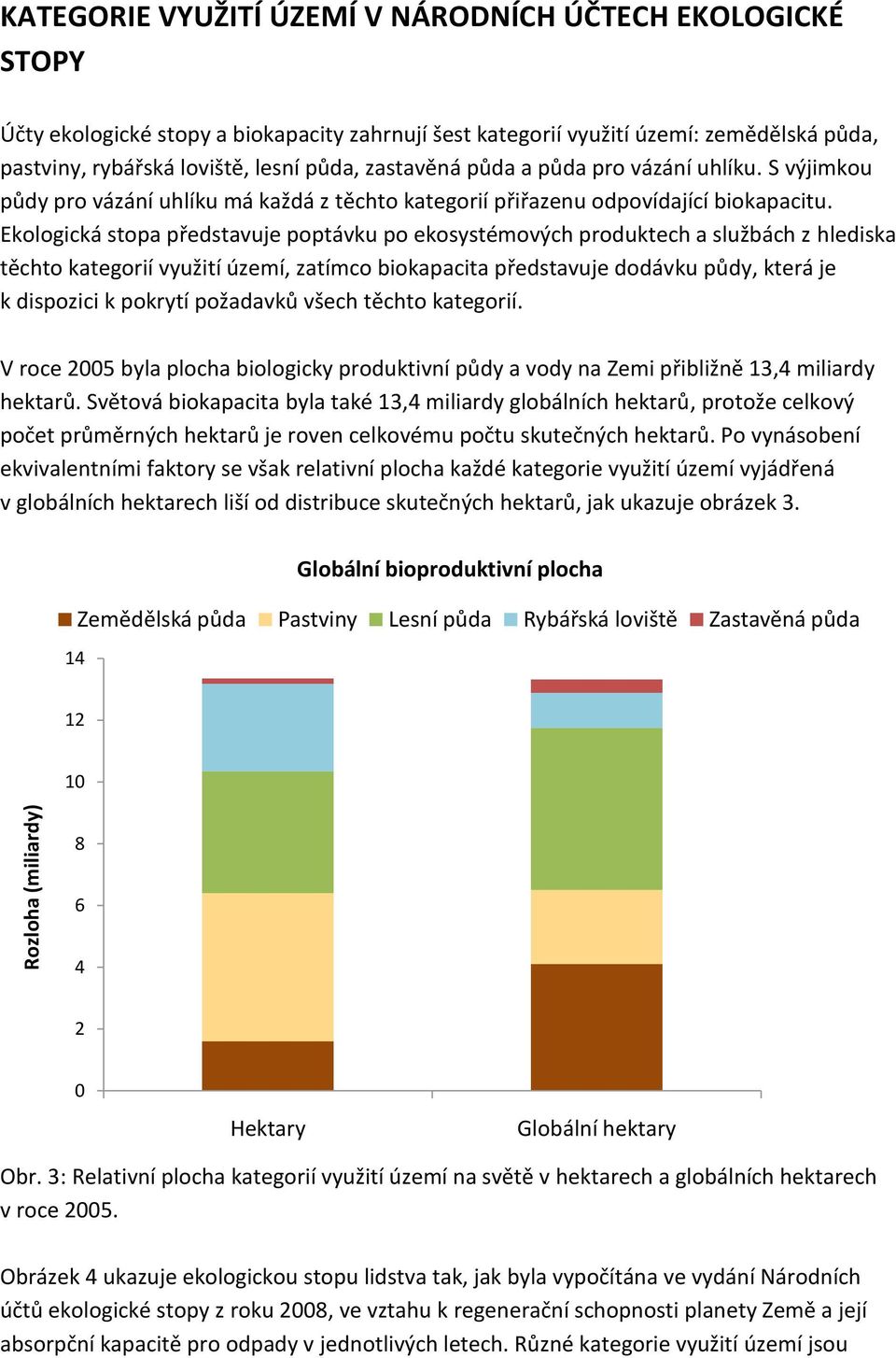 Ekologická stopa představuje poptávku po ekosystémových produktech a službách z hlediska těchto kategorií využití území, zatímco biokapacita představuje dodávku půdy, která je k dispozici k pokrytí