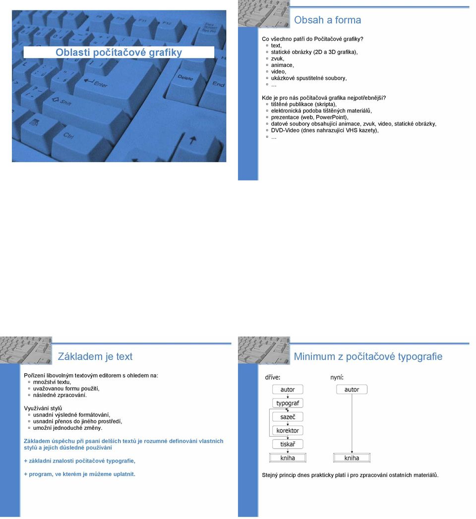 tištěné publikace (skripta), elektronická podoba tištěných materiálů, prezentace (web, PowerPoint), datové soubory obsahující animace, zvuk, video, statické obrázky, DVD-Video (dnes nahrazující VHS